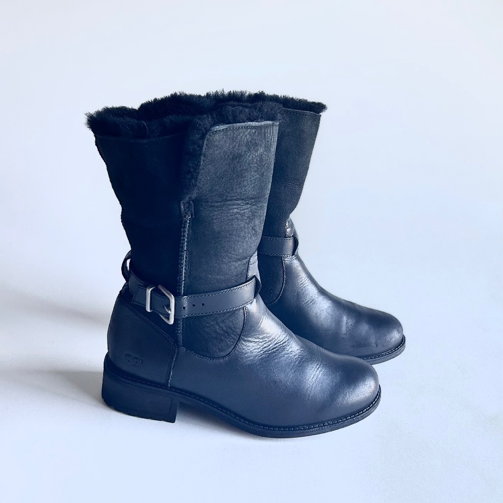 UGG Black Genuine Leather Shearling Mid Calf Boots size 8